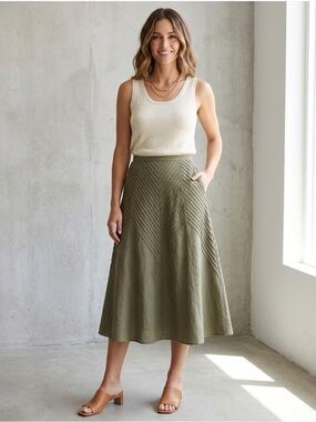 Peter Martin Women's Olive Green Midi Skirt with Diagonal Stitch Panels, Size 6